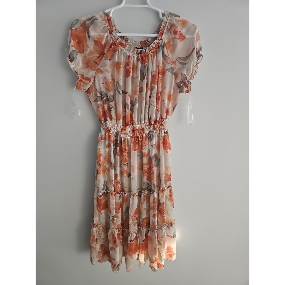 Kate and Lily Floral Madi Dress boho Ruffle Belted elastic waist Cream Orange 14 - Picture 2 of 7